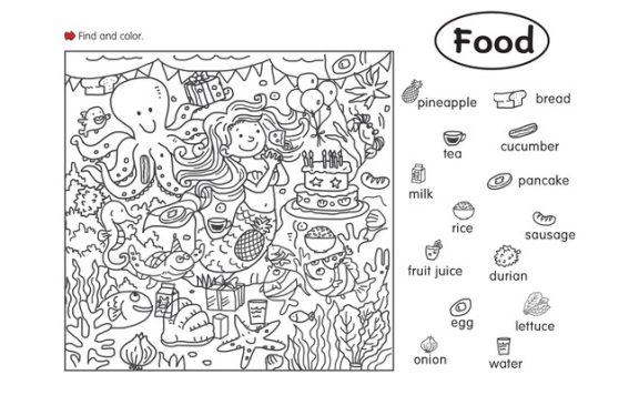 《Food Words Game Worksheet》食物美食涂色趣味英语练习纸1页 PDF 百度云网盘下载